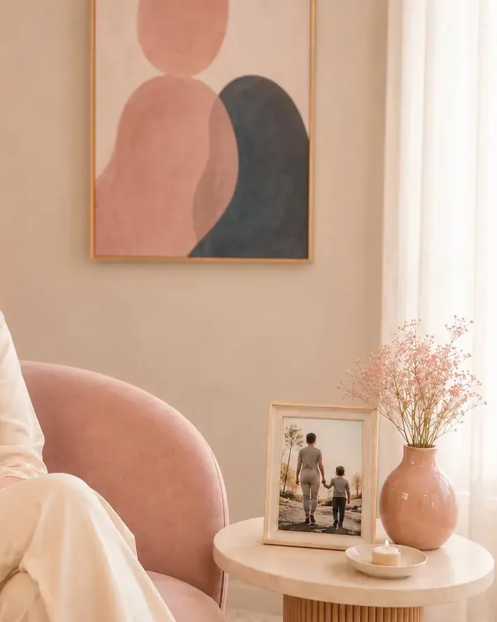 Una sala tranquila y luminosa con un sofá de cuero color crema.