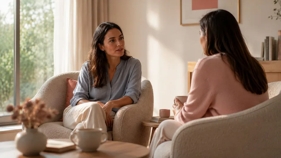 Duas mulheres sentadas em poltronas, conversando com calma perto da janela.