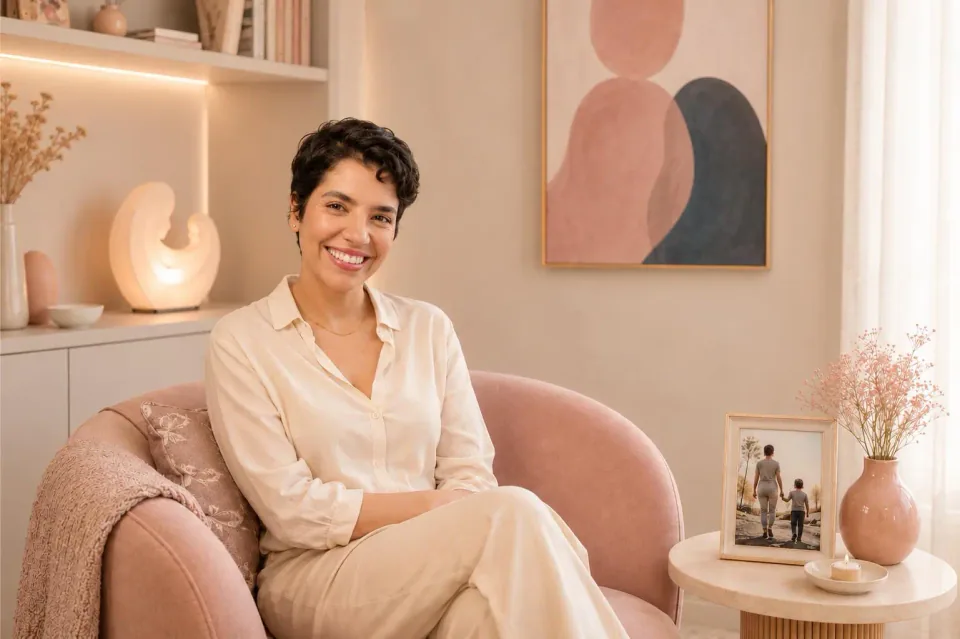 Kelly Oliveira sentada em uma poltrona rosa, sorrindo, em uma sala clara e acolhedora.