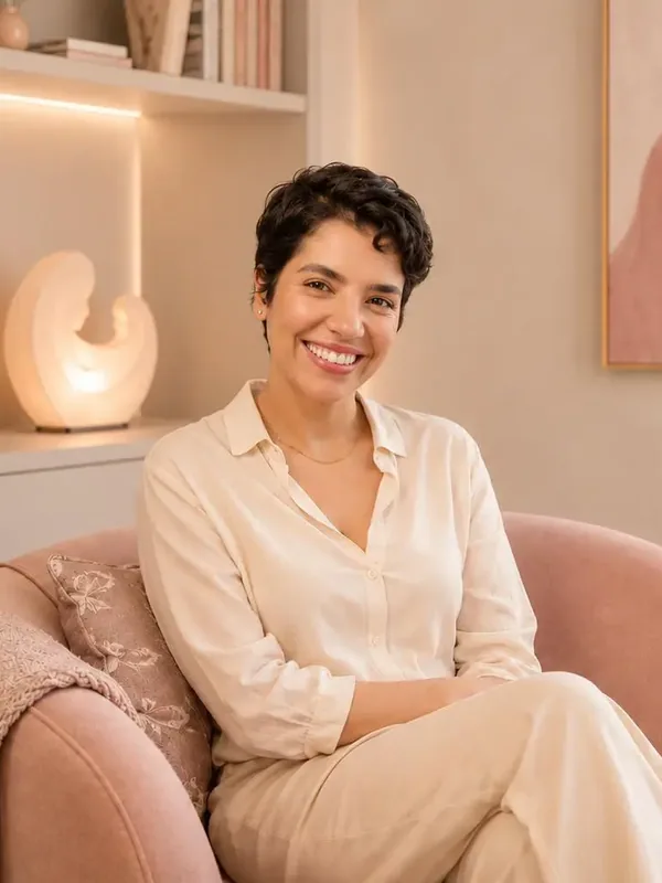 Kelly Oliveira sorrindo, sentada na poltrona do consultório.